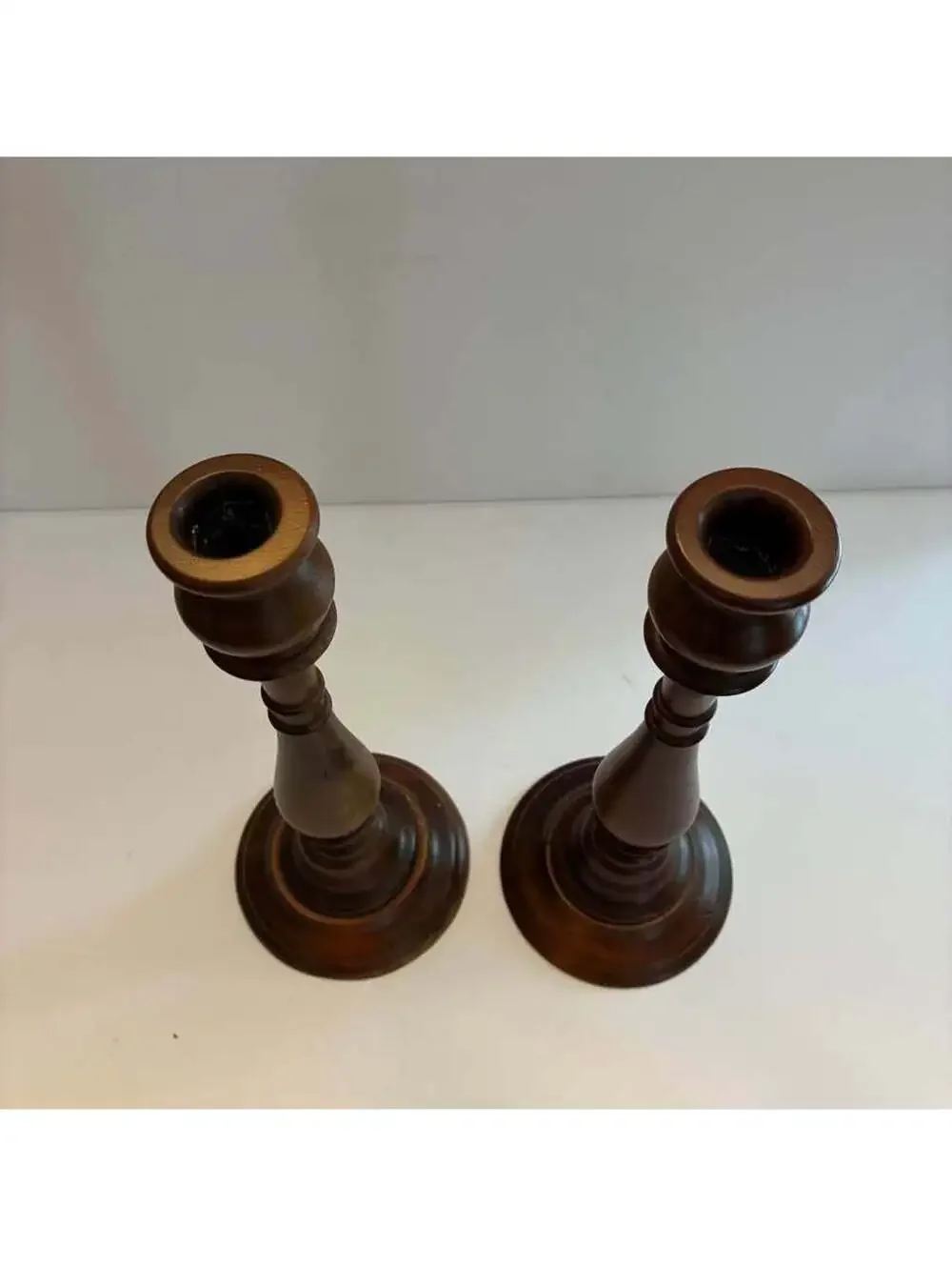 Pair Vintage Turned Wood Candlestick Holders Dark Wood Taper Candle Stands